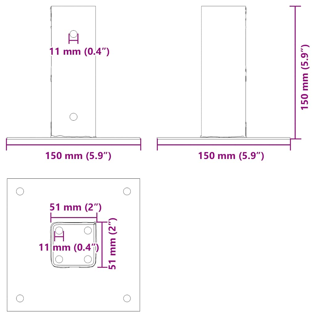 Basi per Pali Quadrati 4 pz 51x51 mm Acciaio Verniciato Polvere