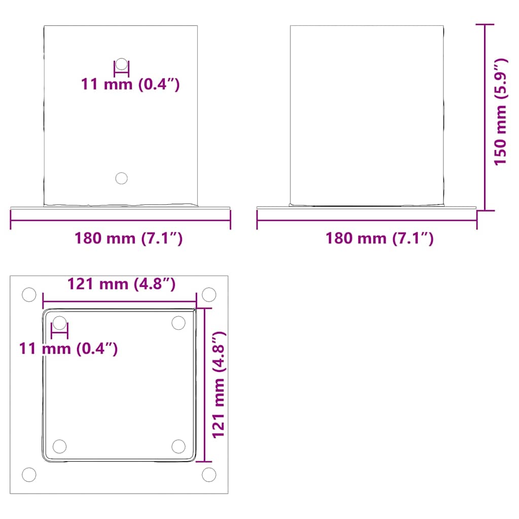 Basi per Pali Quadrati 4pz 121x121mm Acciaio Verniciato Polvere