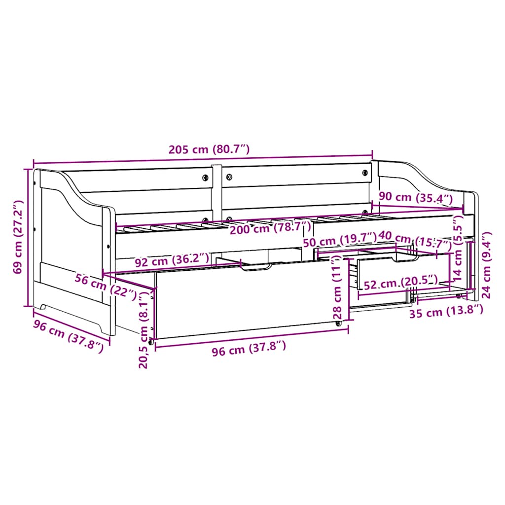 Dormeuse con 3 Cassetti senza Materasso Nero 90x200 cm IRUN | homemem39