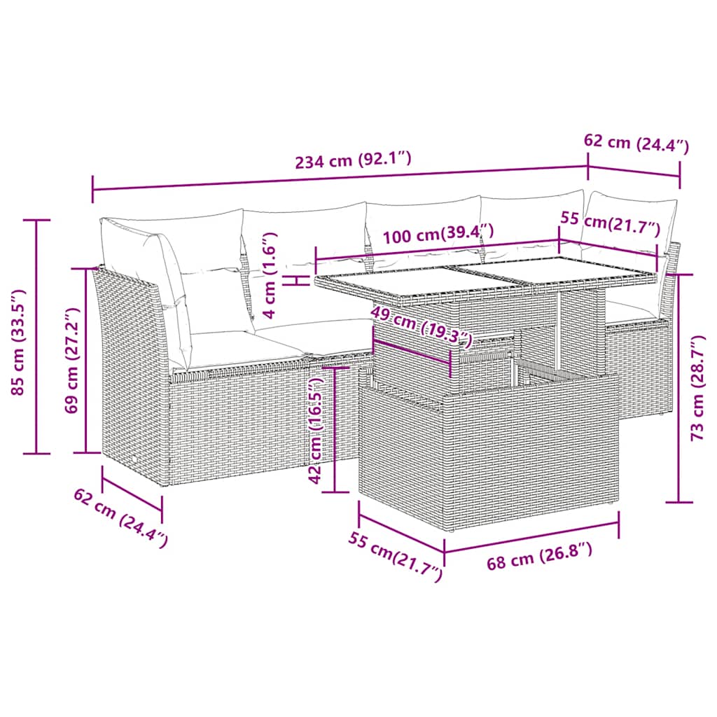 Set Divano da Giardino 5 pz con Cuscini Marrone in Polyrattan | homemem39