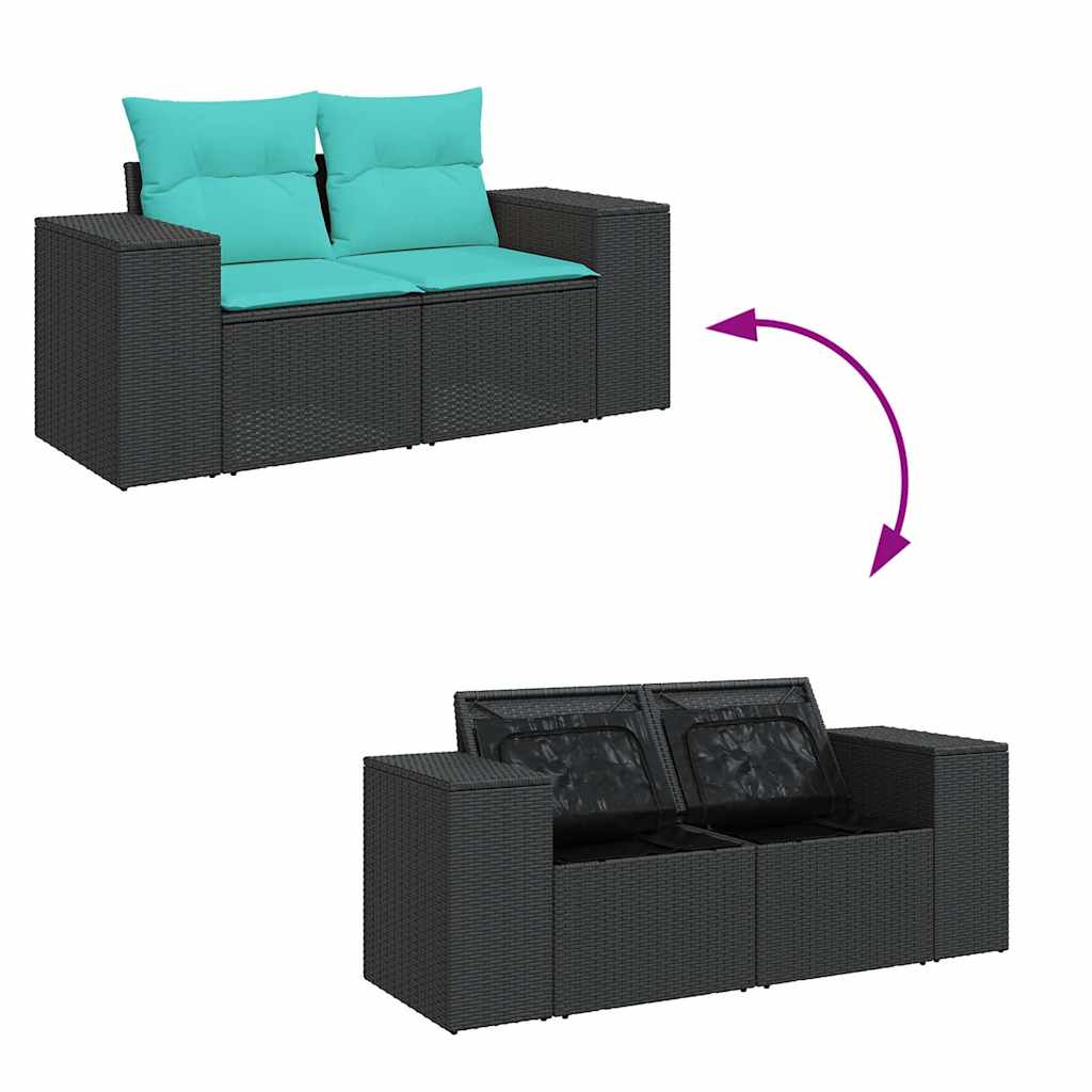 Set Divani da Giardino 9 pz con Cuscini Nero Polyrattan Acacia