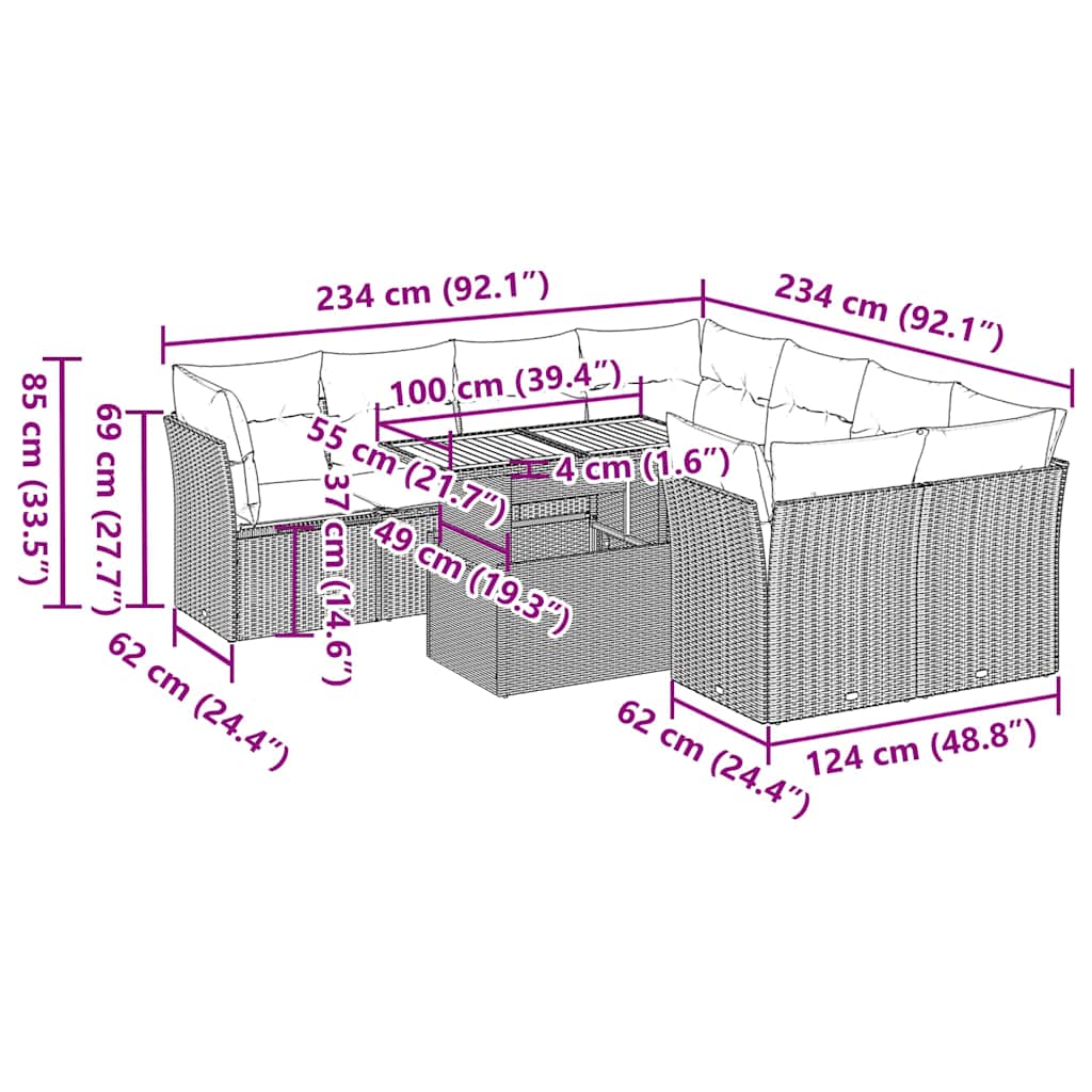 Set Divano da Giardino 9 pz con Cuscini Beige in Polyrattan