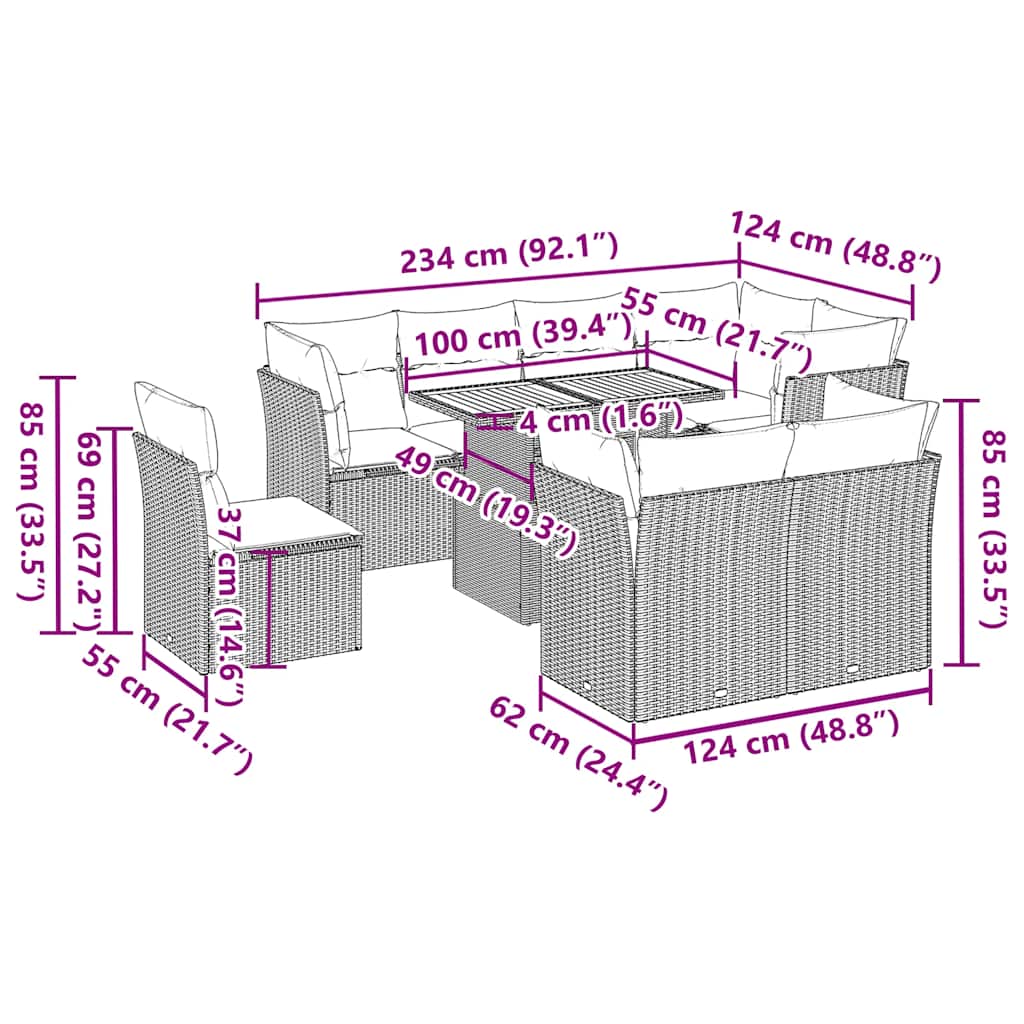 Set Divano da Giardino 9 pz con Cuscini Beige in Polyrattan