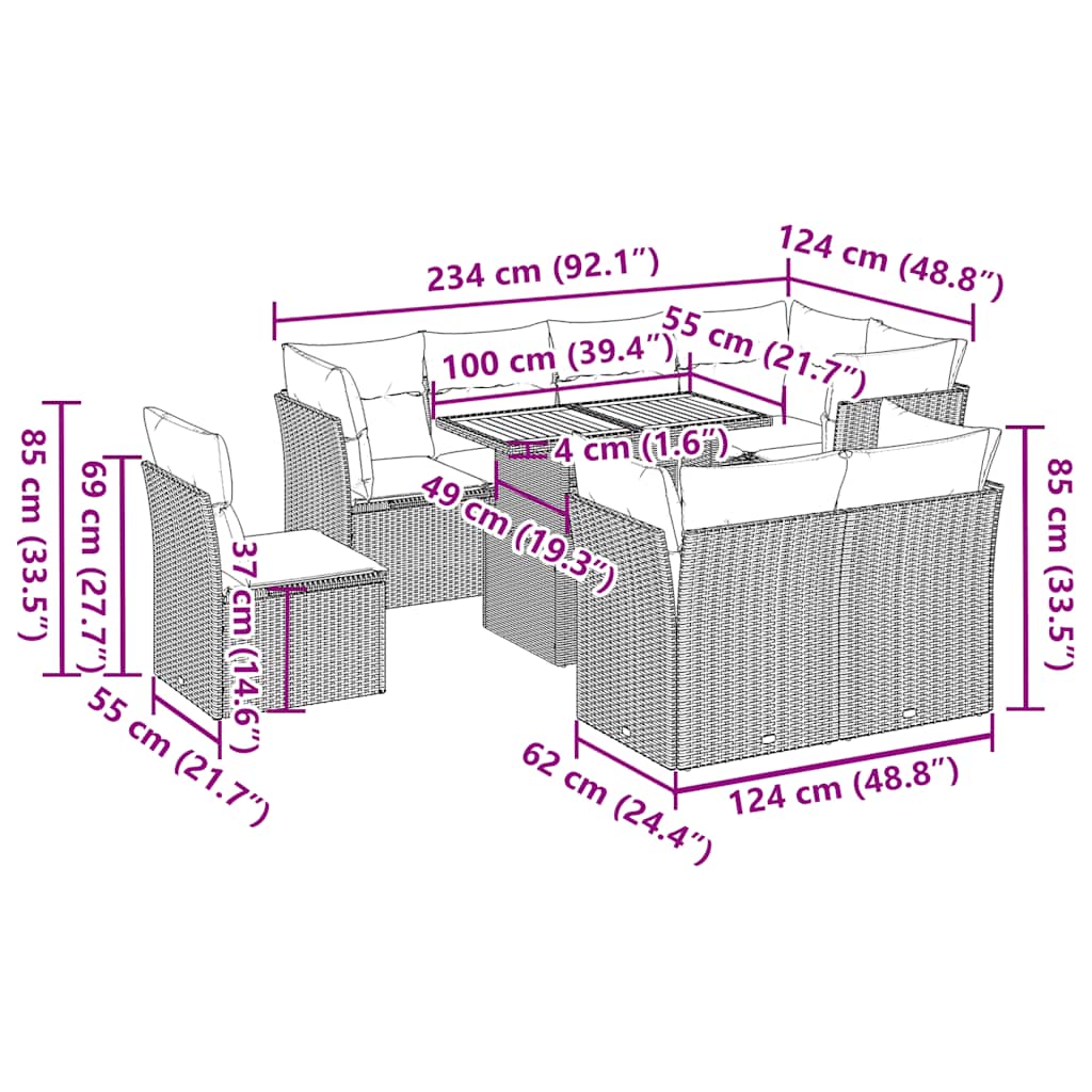 Set Divano da Giardino 9 pz con Cuscini Grigio in Polyrattan