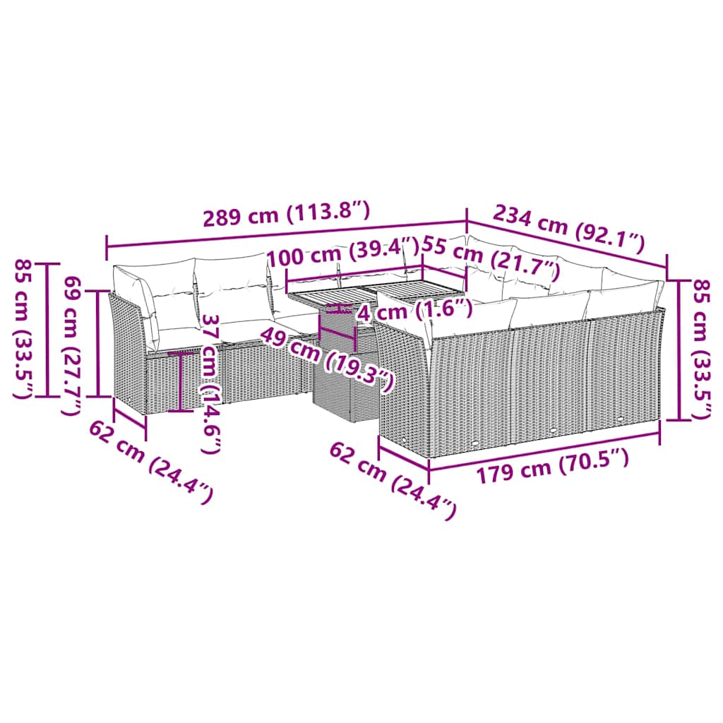 Set Divani da Giardino 11 pz con Cuscini in Polyrattan Nero | homemem39