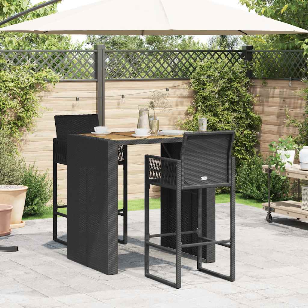 Set Bar da Giardino 3pz senza Cuscini Nero in Polyrattan Acacia | homemem39