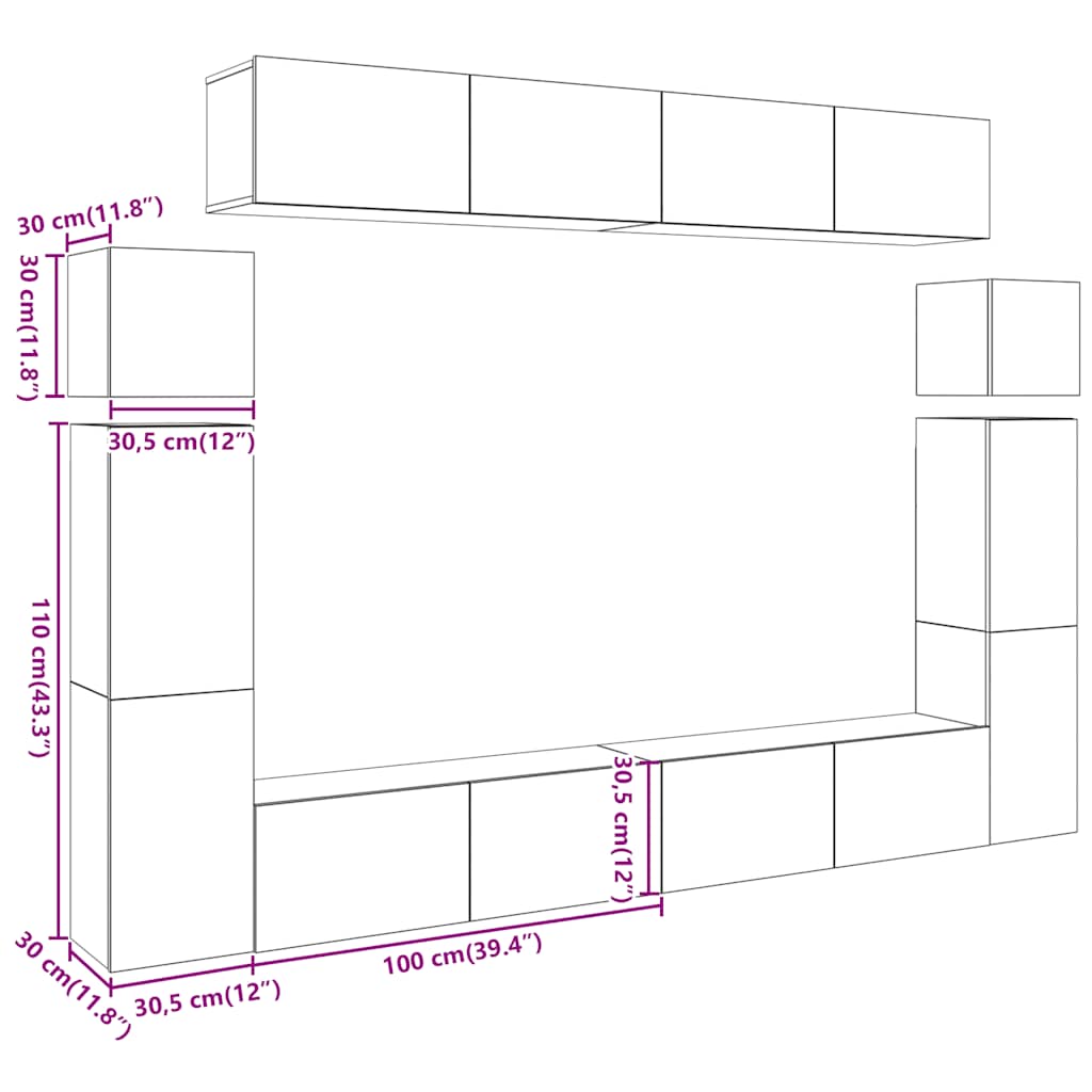 Set Mobile TV 8 pz Montato a Parete Legno Antico in Truciolato | homemem39