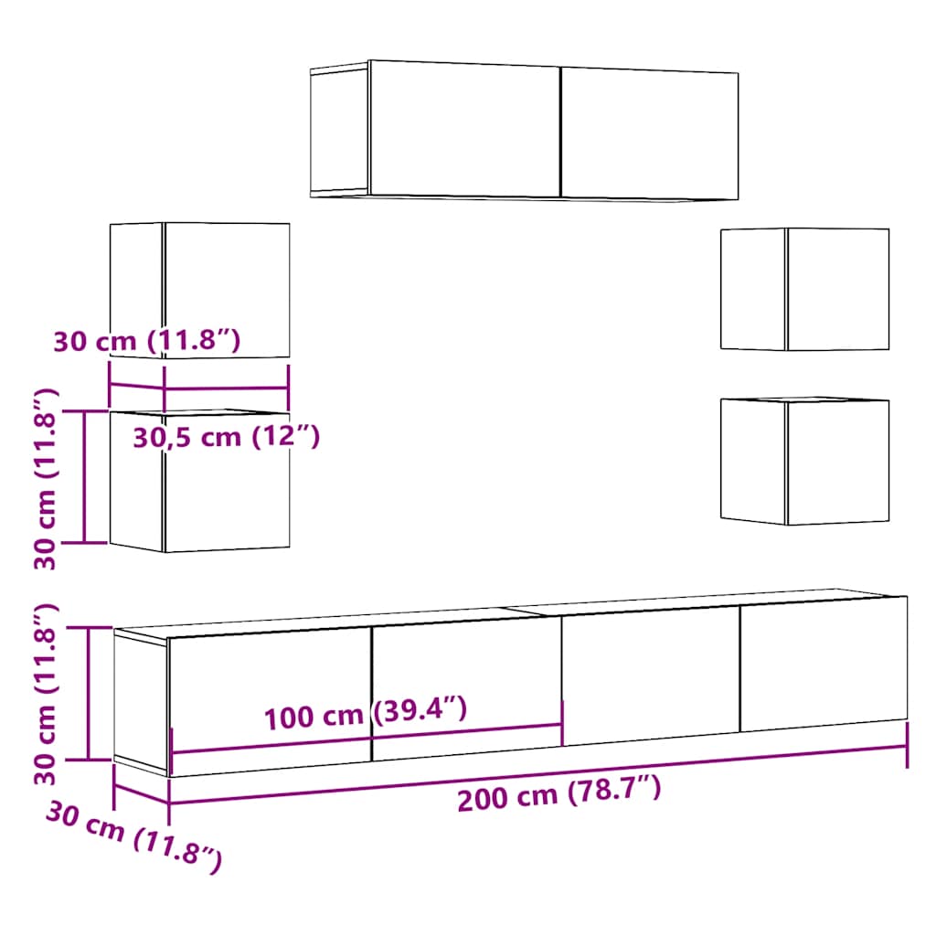 Set Mobile TV 7 pz Montato a Parete Legno Antico in Truciolato | homemem39