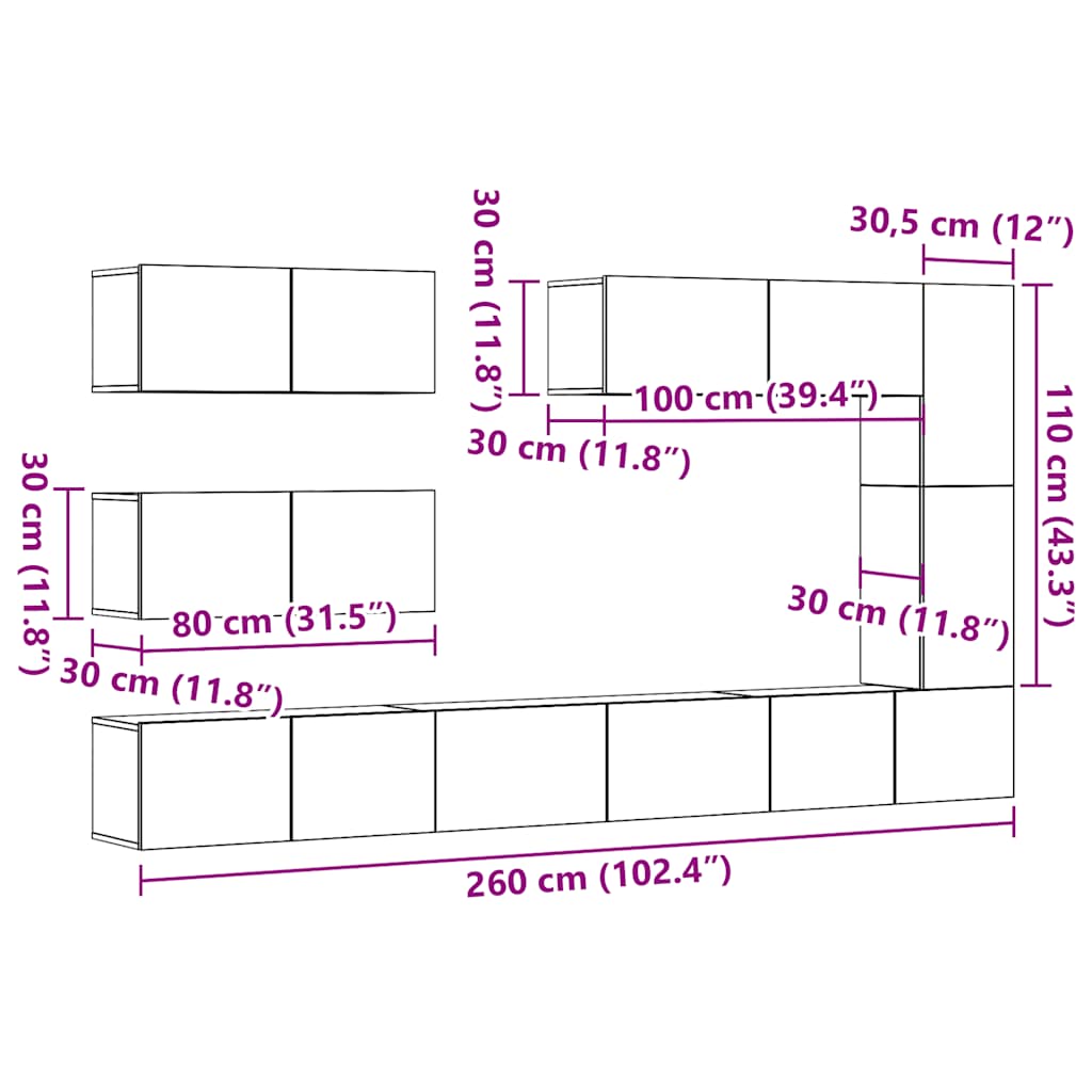 Set Mobile TV 7 pz Montato a Parete Rovere in Legno Multistrato | homemem39
