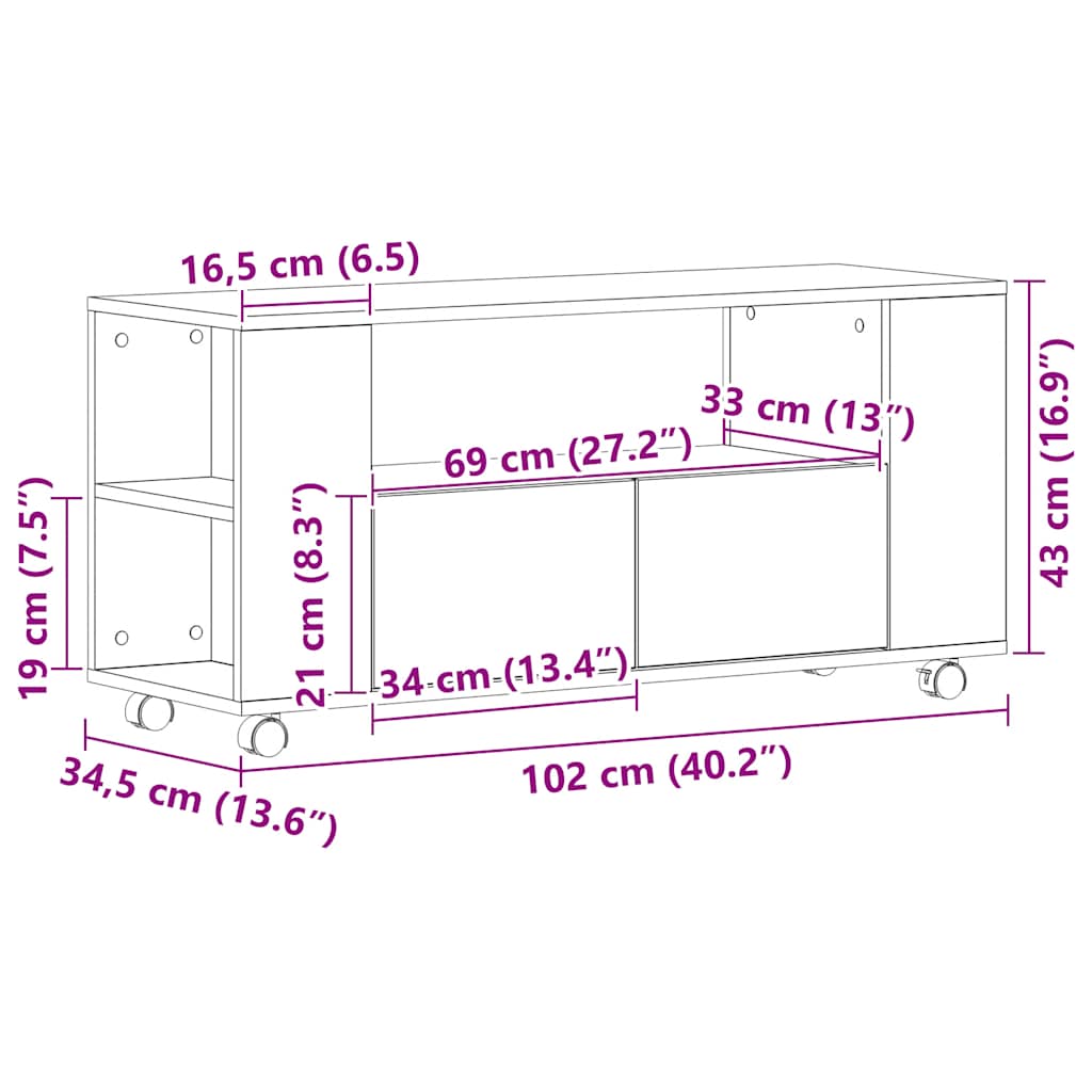Mobile Porta TV con Ruote Rovere Nero 102x34,5x43 cm Truciolato