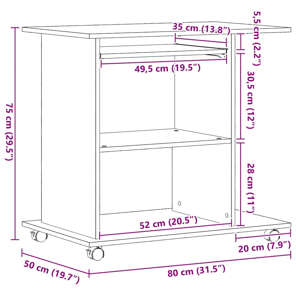 Scrivania per computer Rovere Nero 80x50x75 cm in Legno Multistrato