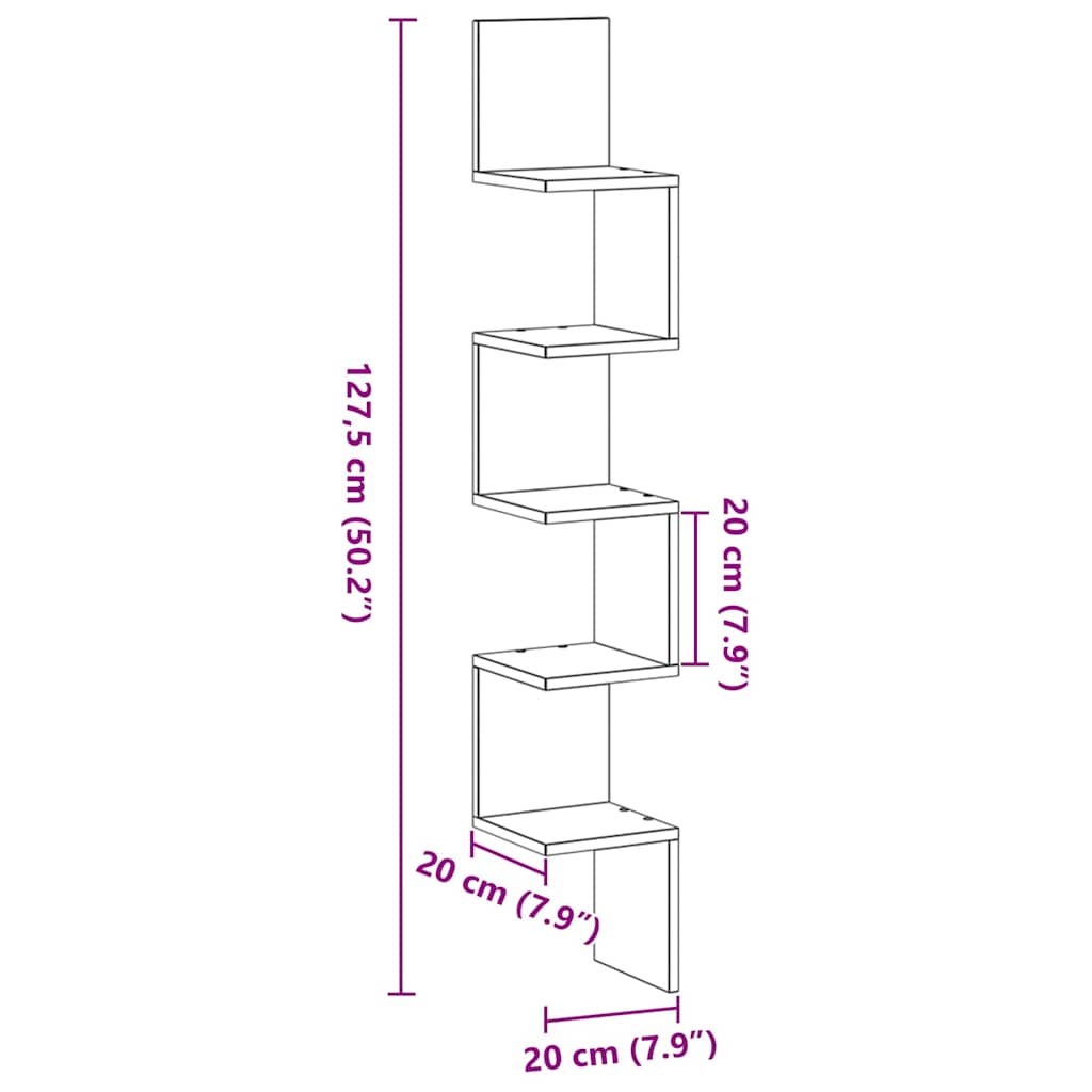 Mensola angolare con lo scaffale Rovere Nero 20 x 20 x 127,5 cm | homemem39