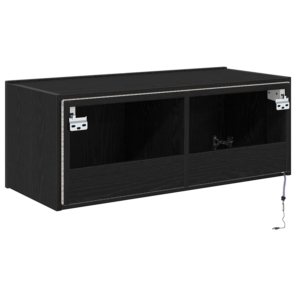 Mobile TV da parete con LED Rovere Nero 80 x 35 x 31 cm | homemem39