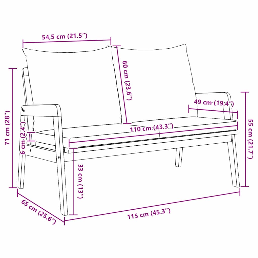 Panchina da giardino con cuscino Olio Naturale 115 x 65 x 71 cm