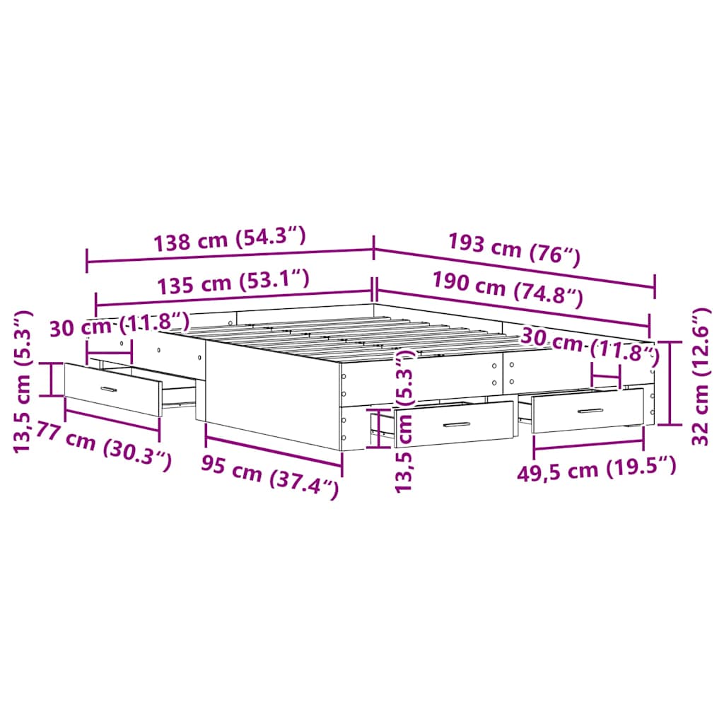 Struttura del letto Rovere artigianale 135 x 190 cm