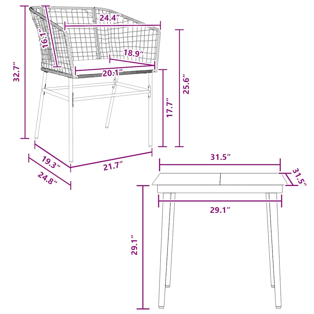Set da Pranzo da Giardino 3 pz con Cuscini Polyrattan Vetro | homemem39