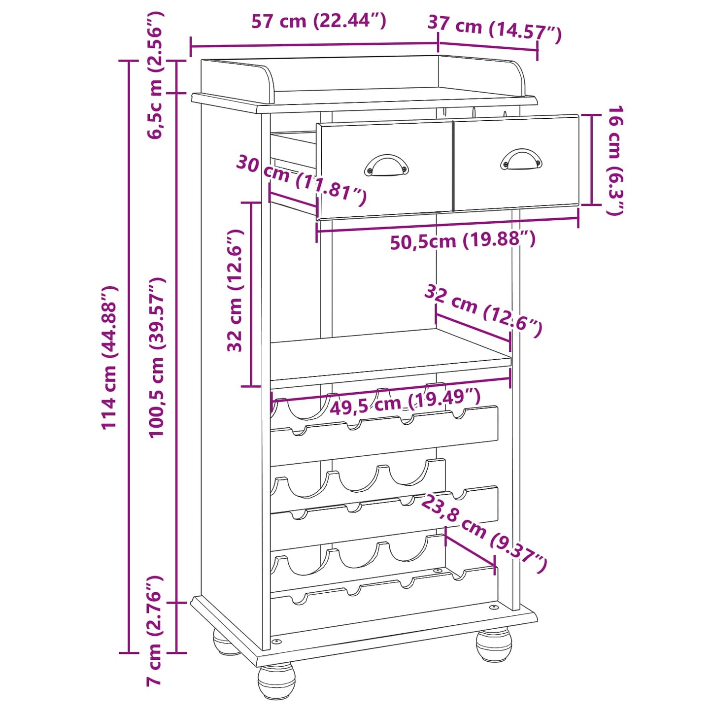 Mobile per vino ASKIM Bianco con Top al Miele 57 x 37 x 114 cm