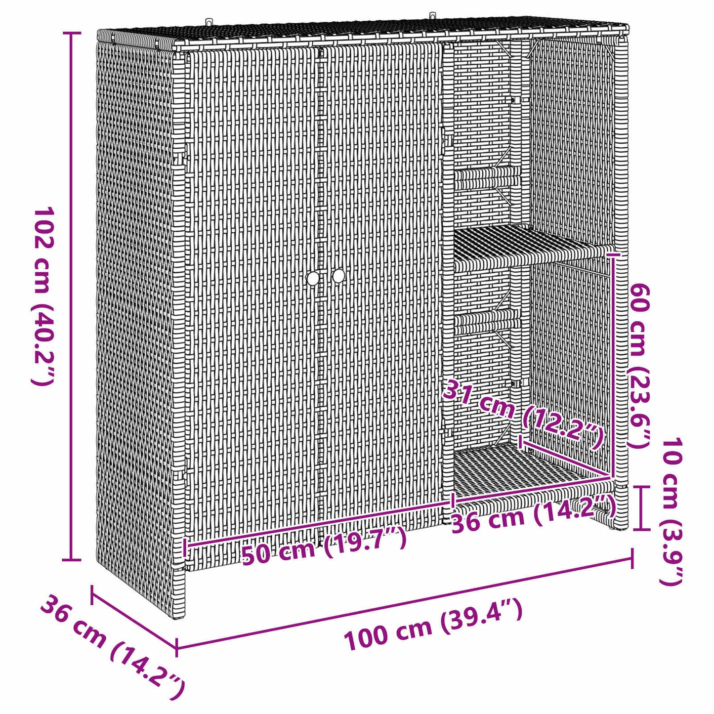 Armadio con lo scaffale con porta Nero 100 x 36 x 102 cm Rattan