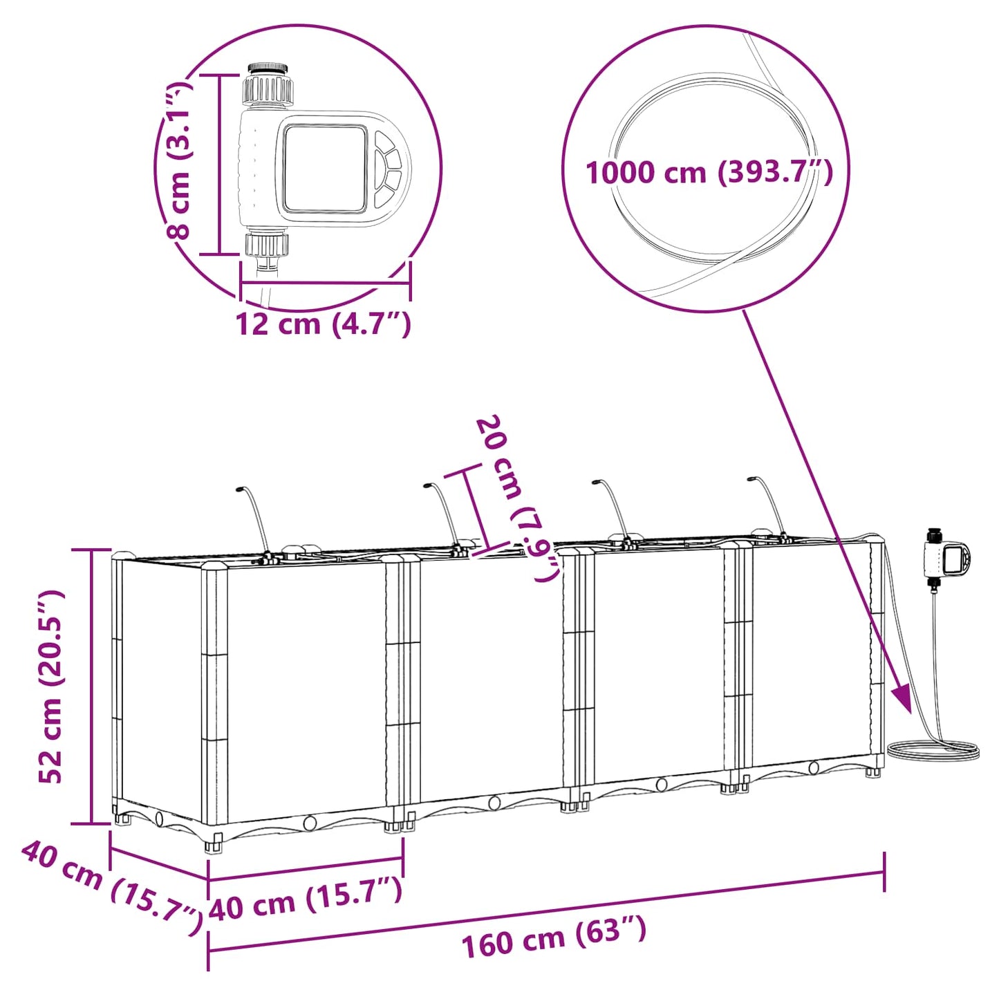 Vaso da giardino 4 pcs Grigio 160 x 40 x 52 cm Plastica | homemem39