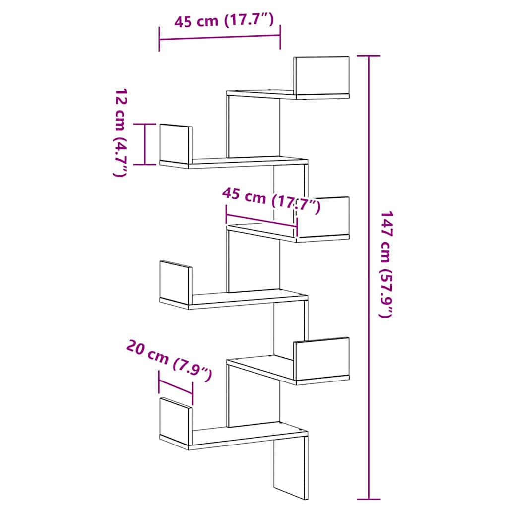Mensola Angolare da Parete Rovere Nero 45 x 45 x 147 cm