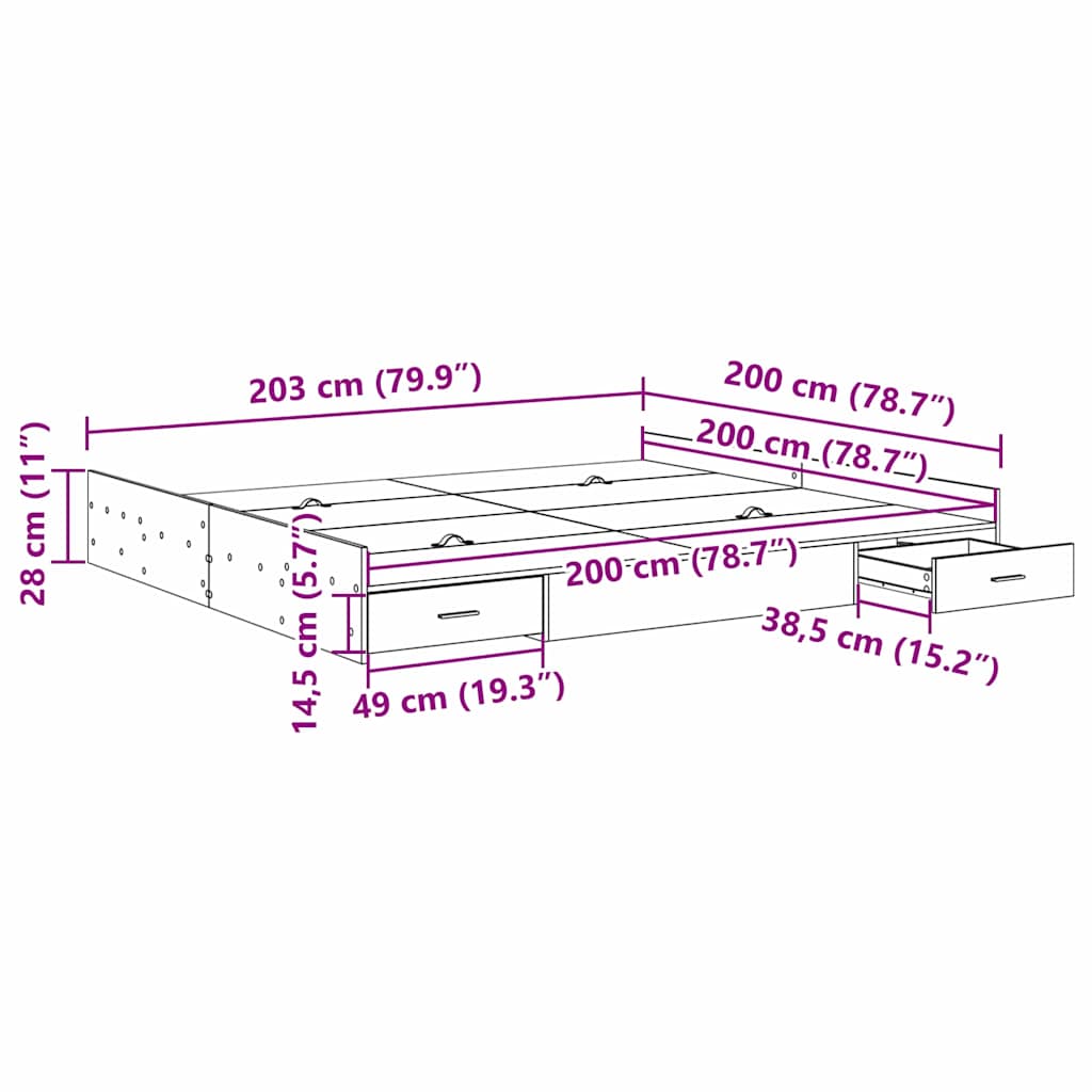 Struttura letto con contenitore Rovere Sonoma 200 x 200 cm