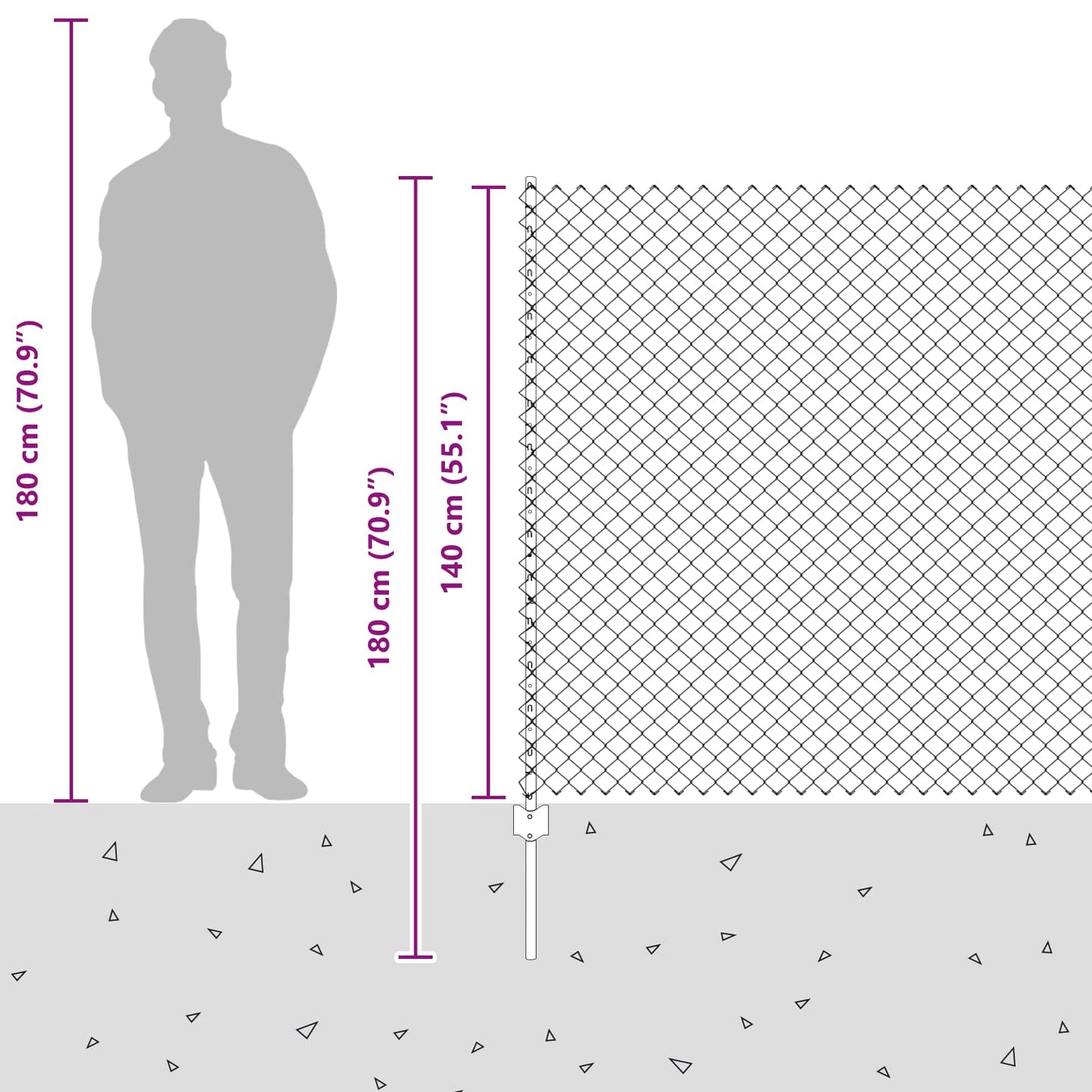 Recinzione a catena da esterno con palo 10 x 1,4 m Grigio Rete
