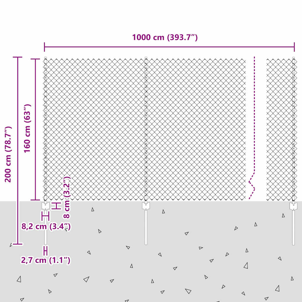 Recinzione a catena da esterno con palo 10 x 1,6 m Argento Rete