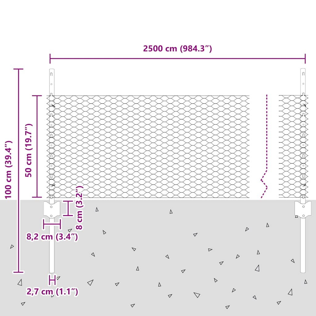 Recinzione esagonale da esterno con palo 25 x 0,5 m Argento