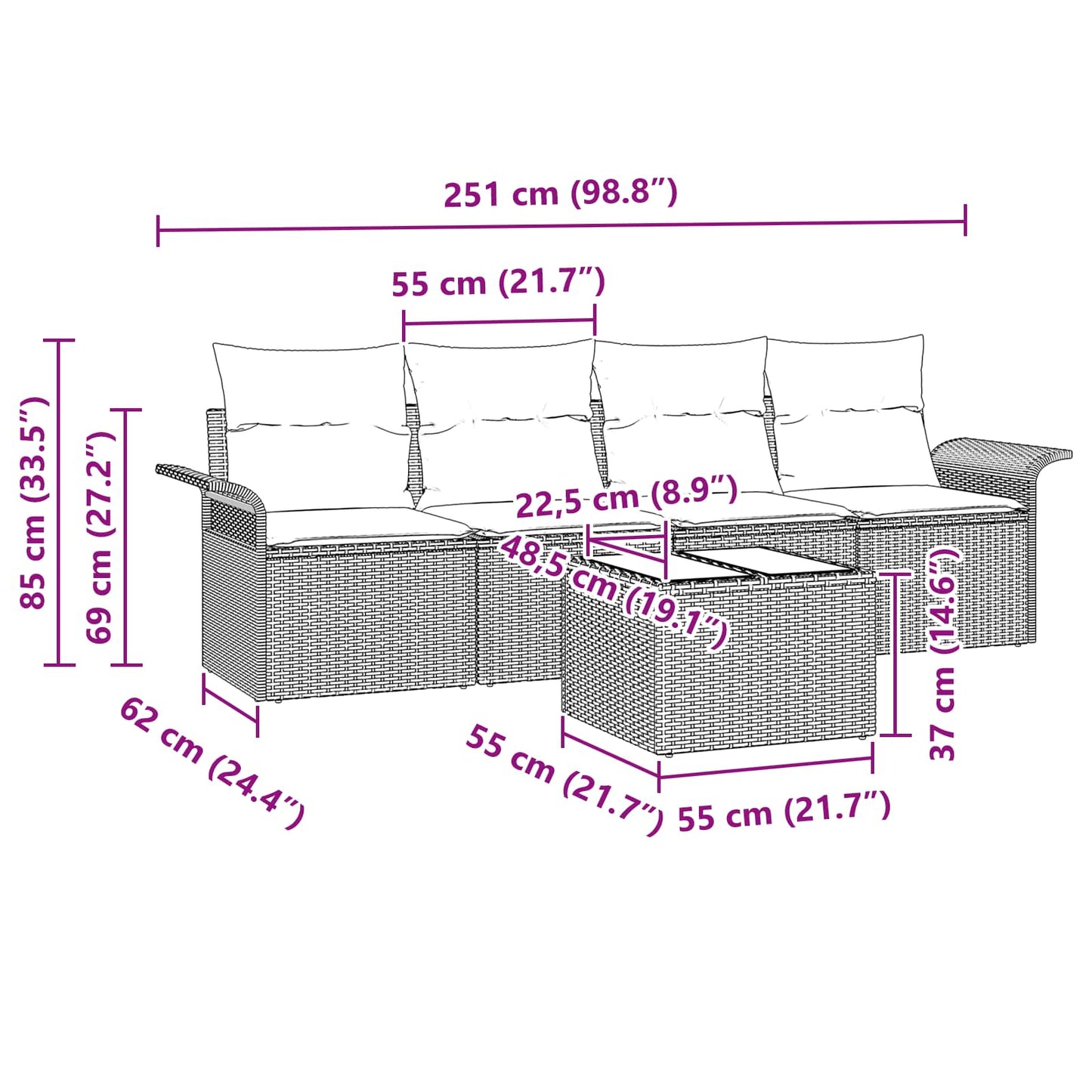 Set di divani con cuscino 5 pcs Nero polyrattan