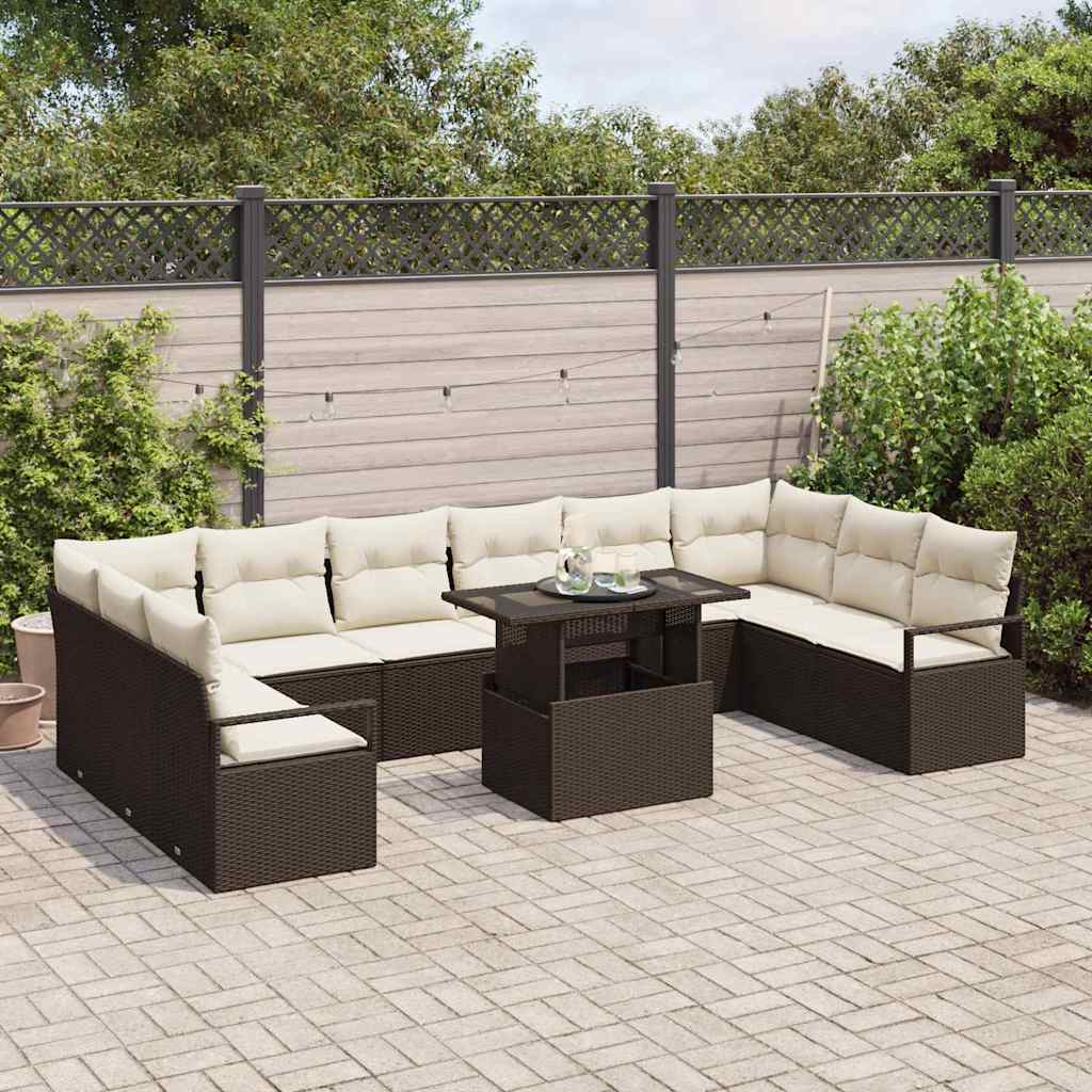 Set Divano da Giardino 11 pz 10-Numero di posti Marrone e Crema | homemem39