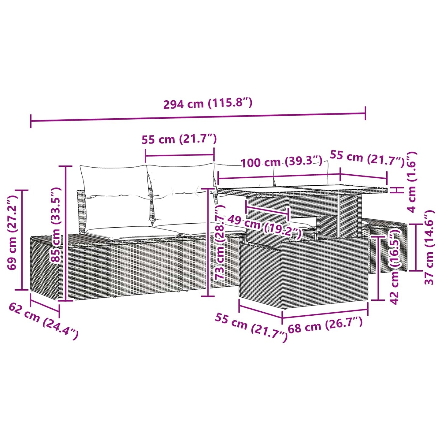 Set di divani 5 pz 4-Numero di posti Marrone e Rosso polyrattan | homemem39