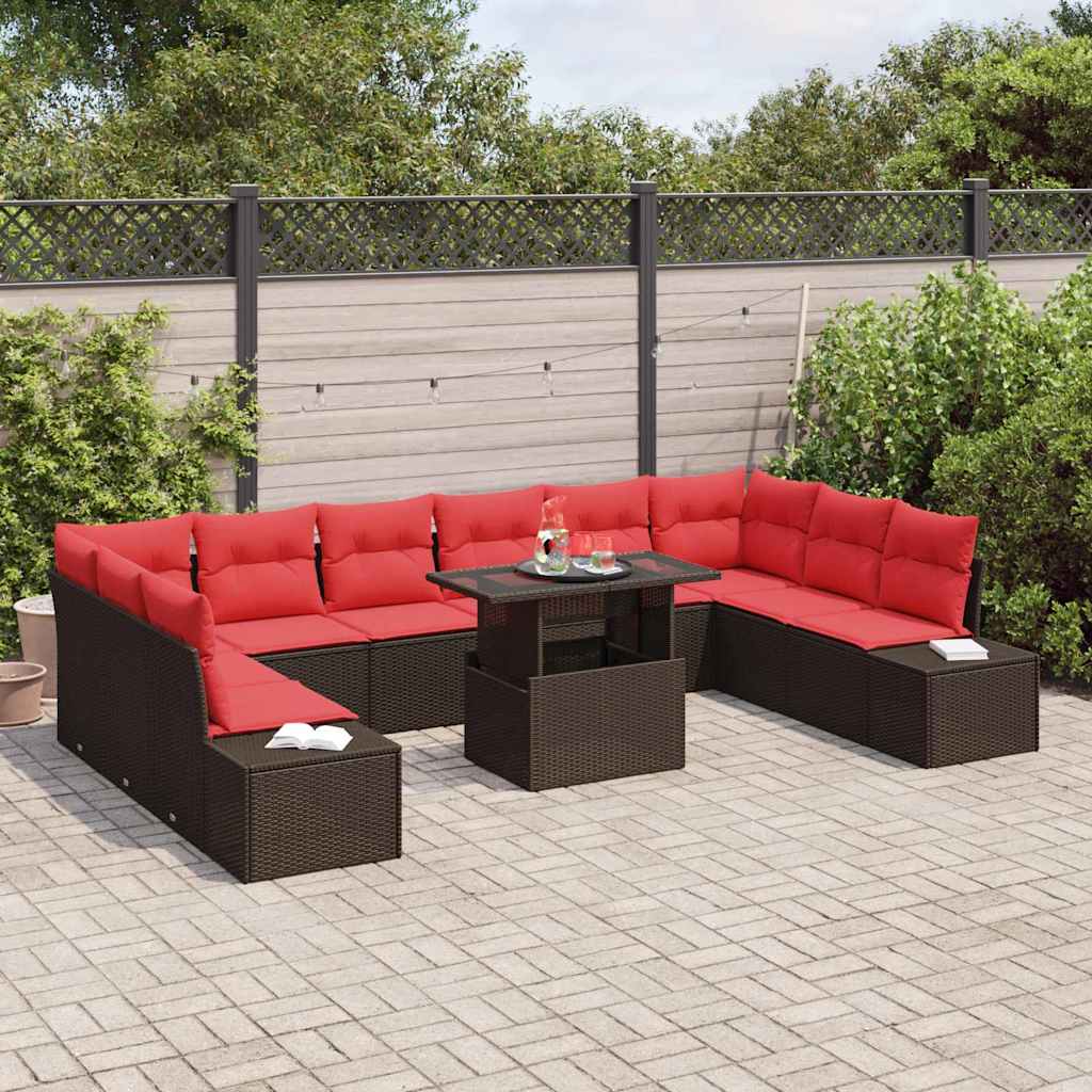 Set Divano da Giardino 11 pz Marrone e Rosso polyrattan | homemem39