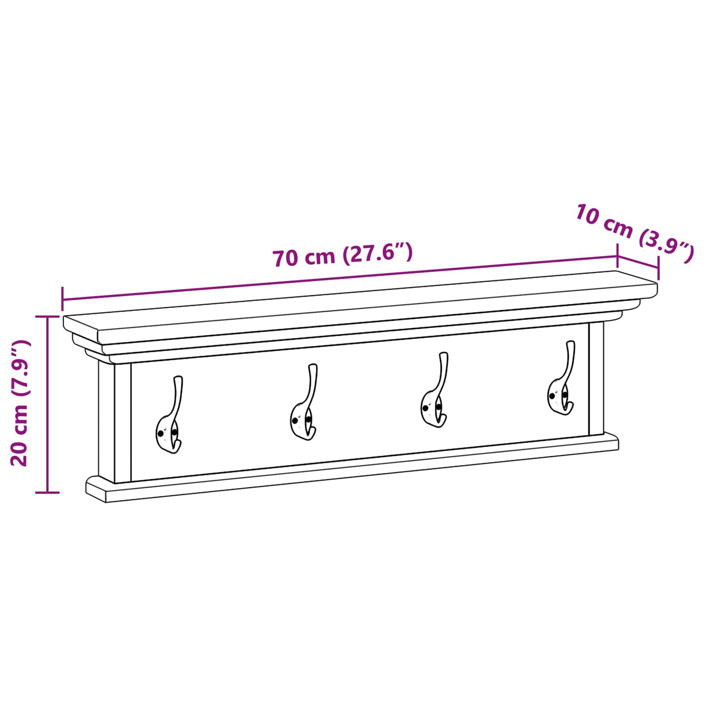 Appendiabiti montato a muro Naturale 70 x 10 x 20 cm