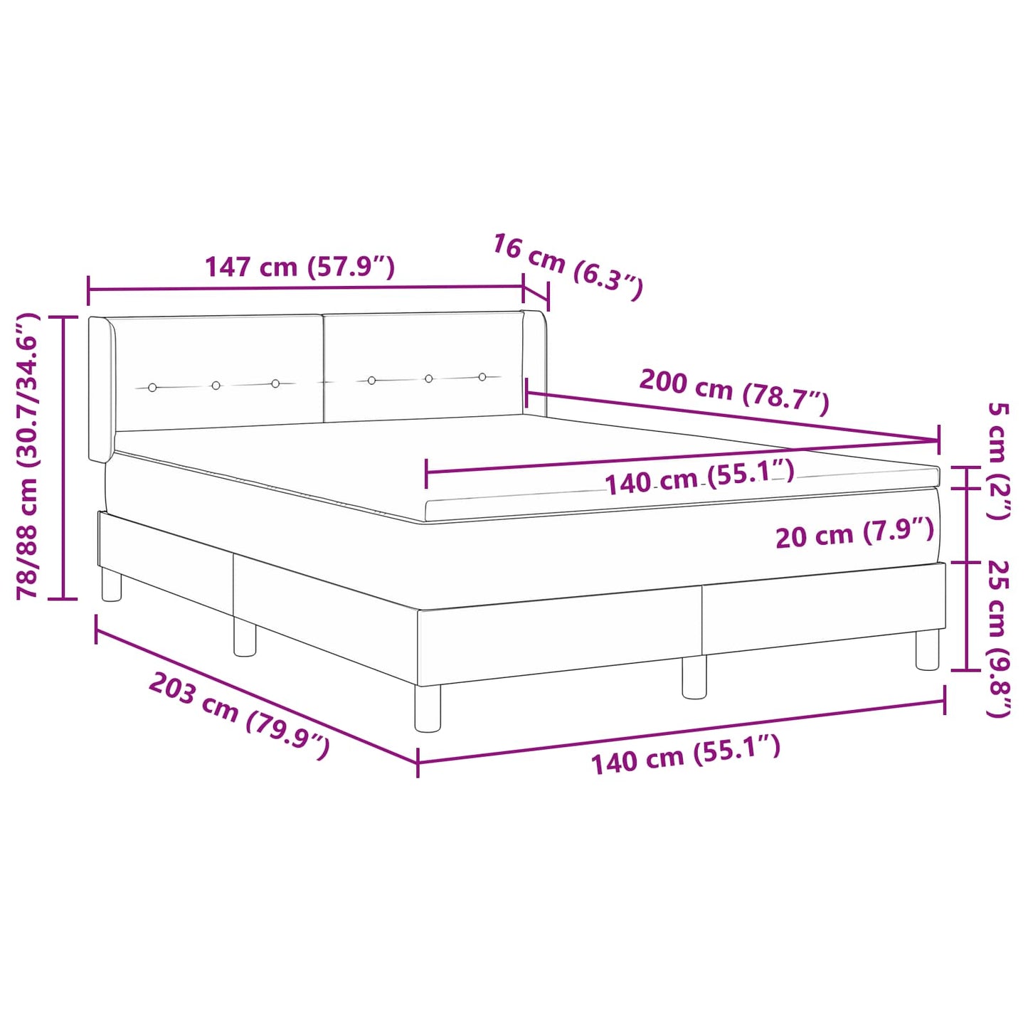 Letto a molle con testiera Nero 200 x 140 cm Tessuto | homemem39