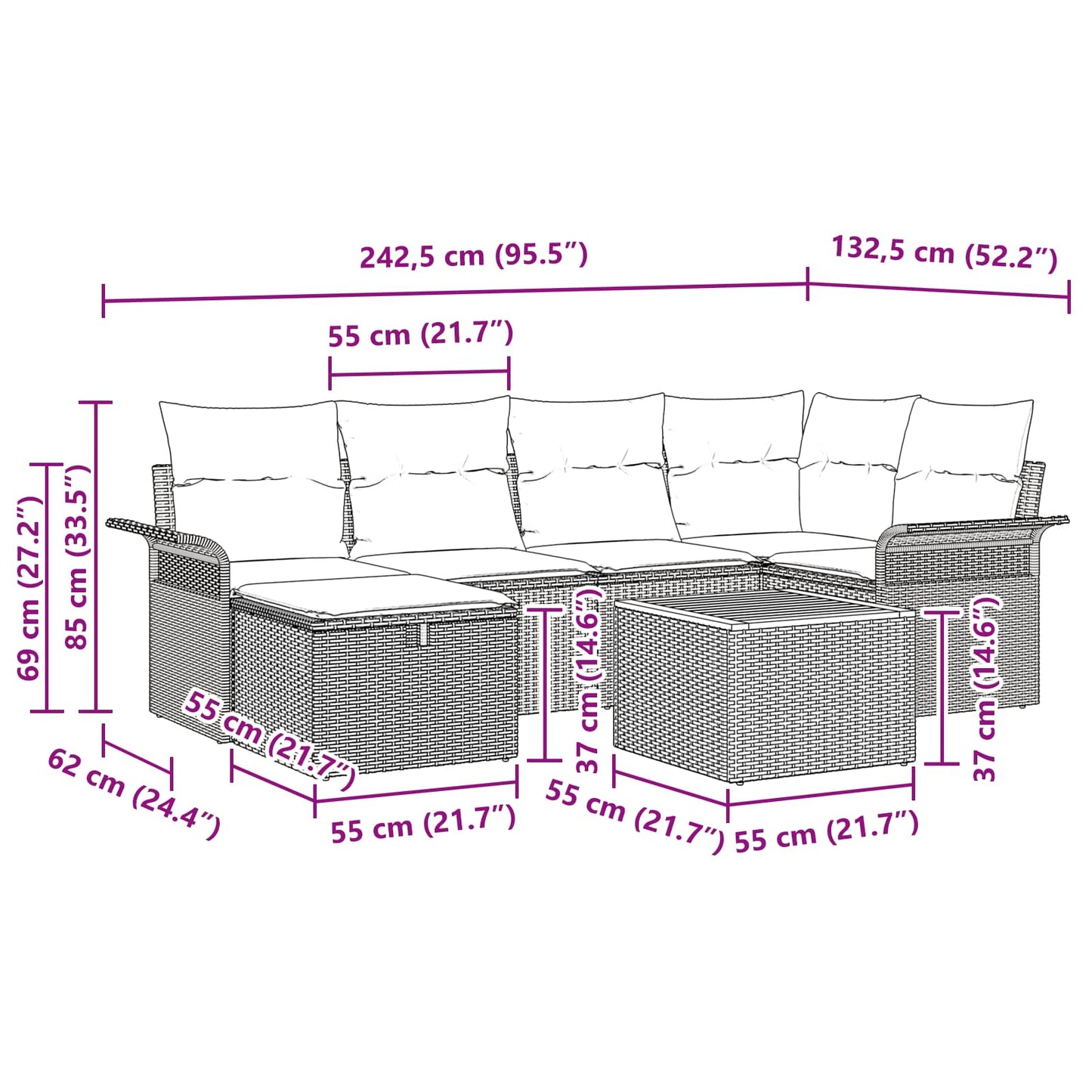 Set Divano da Giardino con cuscino 7 pcs Nero polyrattan