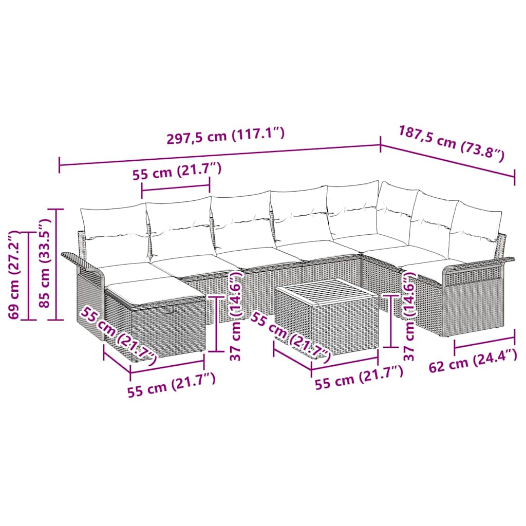 Set Divano da Giardino con cuscino 9 pcs Beige polyrattan