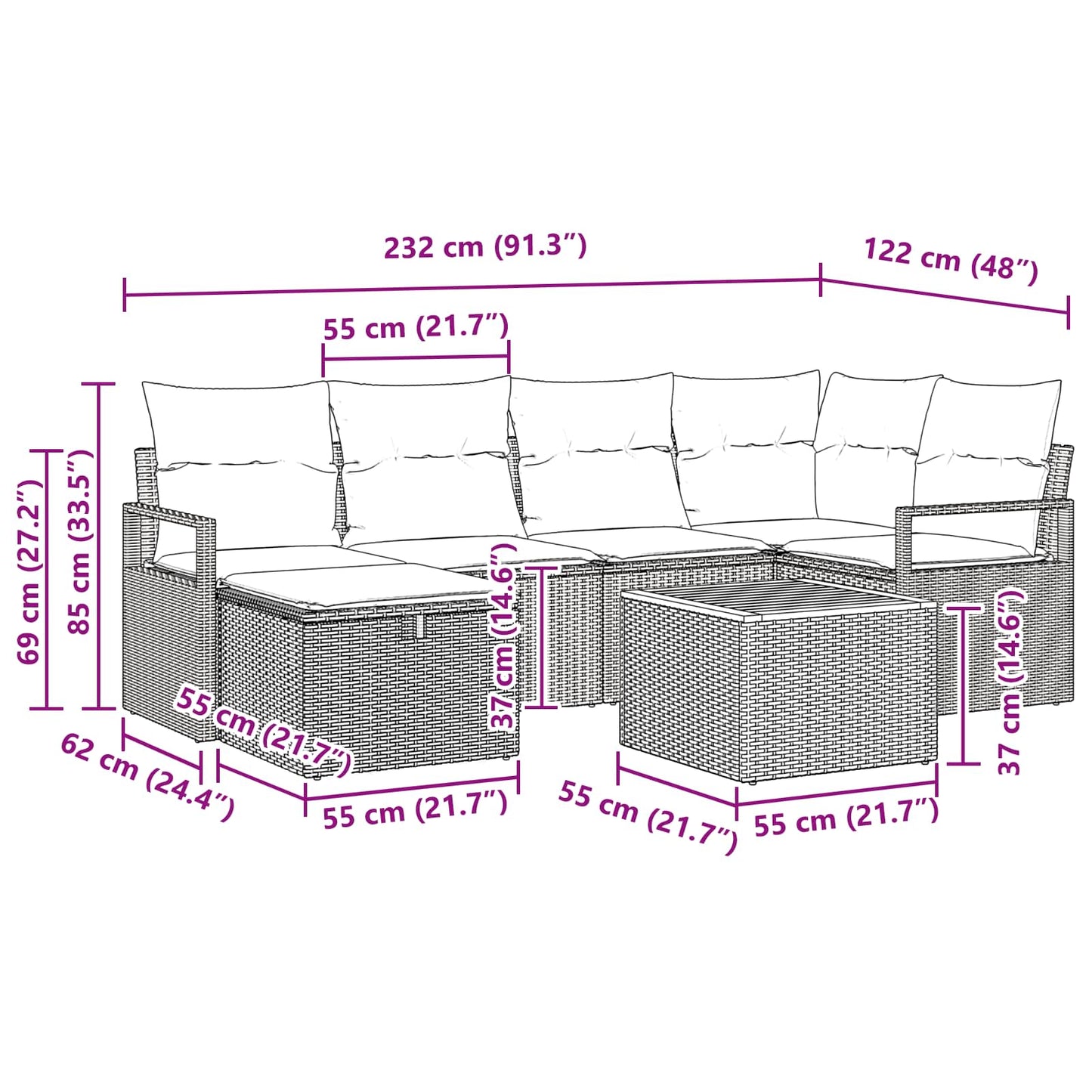 Set Divano da Giardino con cuscino 7 pcs Grigio polyrattan