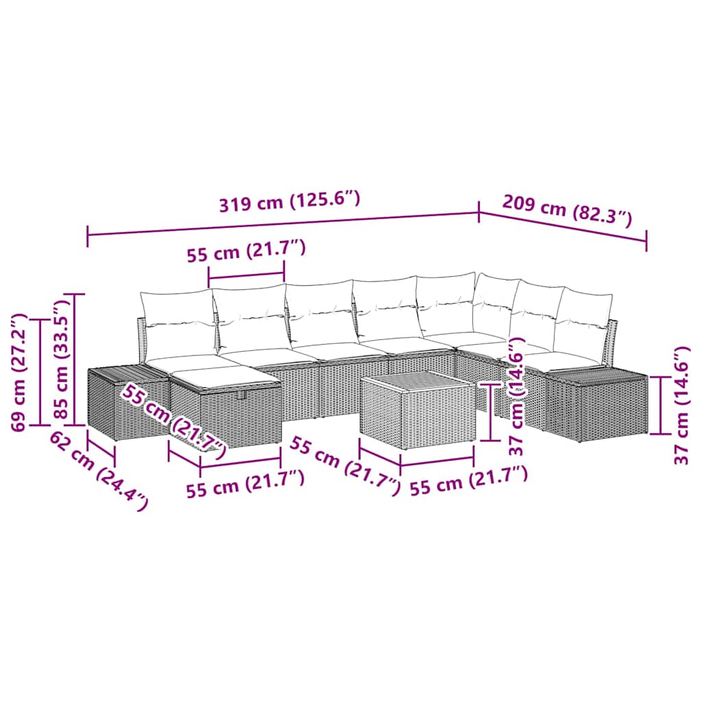 Set Divano da Giardino con cuscino 9 pcs Beige polyrattan