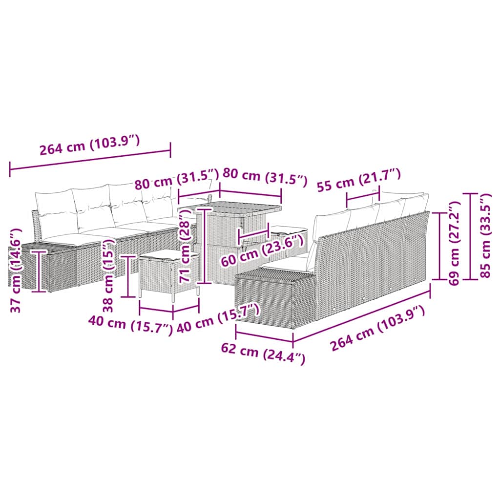 Set Divano da Giardino con cuscino 11 pcs Grigio polyrattan