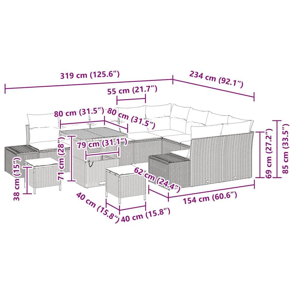 Set Divano da Giardino 12 pcs Grigio Poly Rattan