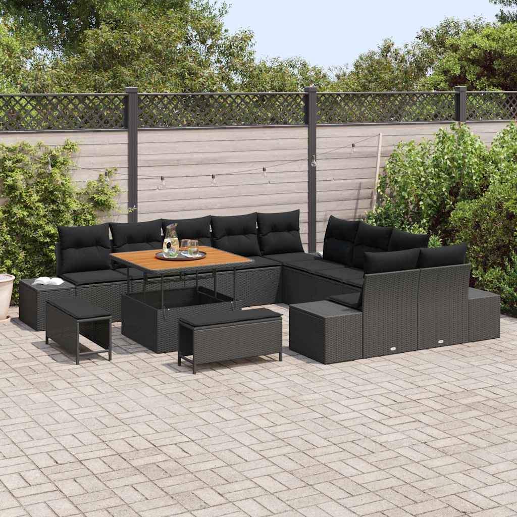 Set Divano da Giardino con cuscino 13 pcs Nero polyrattan | homemem39