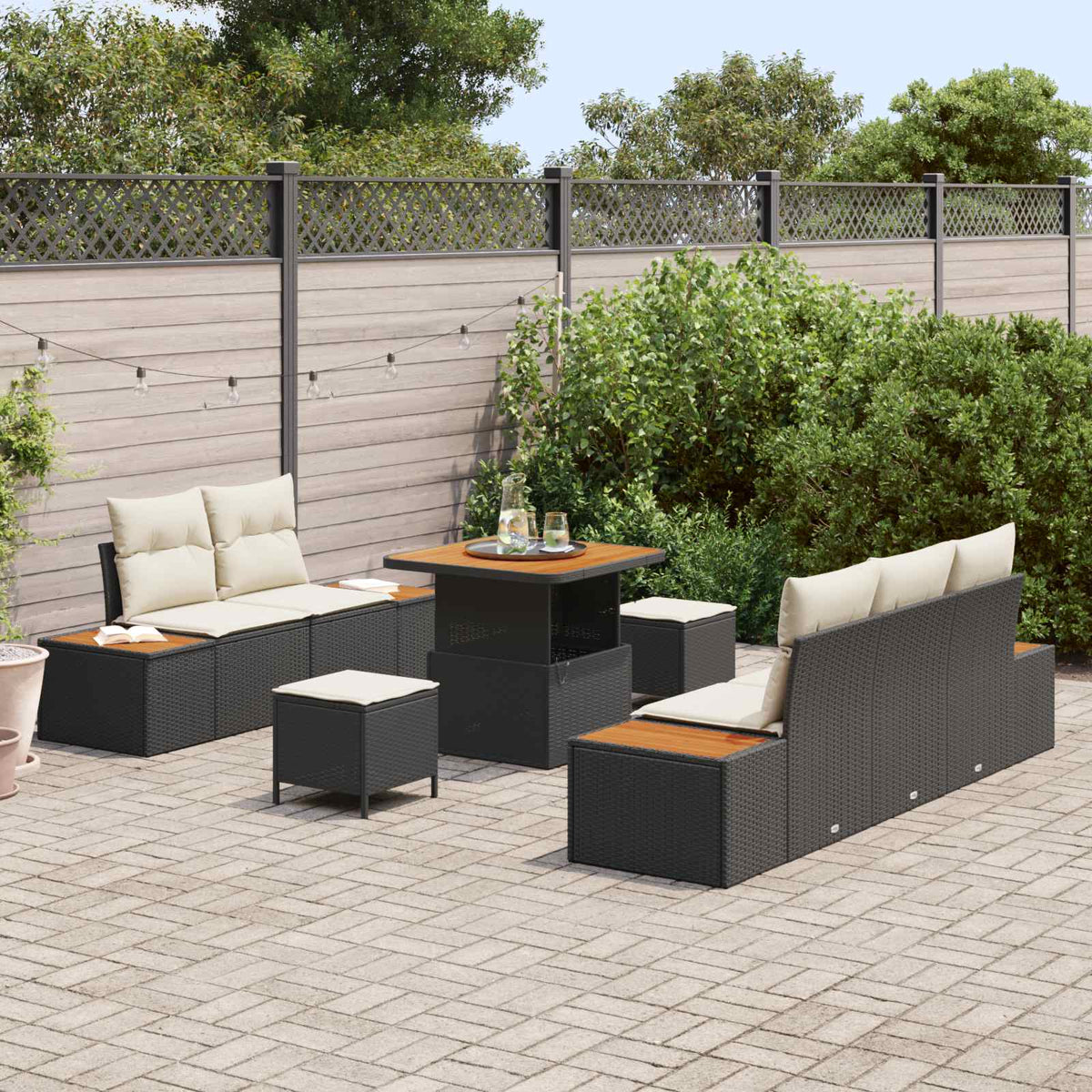 Set Divano da Giardino 8 pz 7-Numero di posti Nero e Crema - homemem39