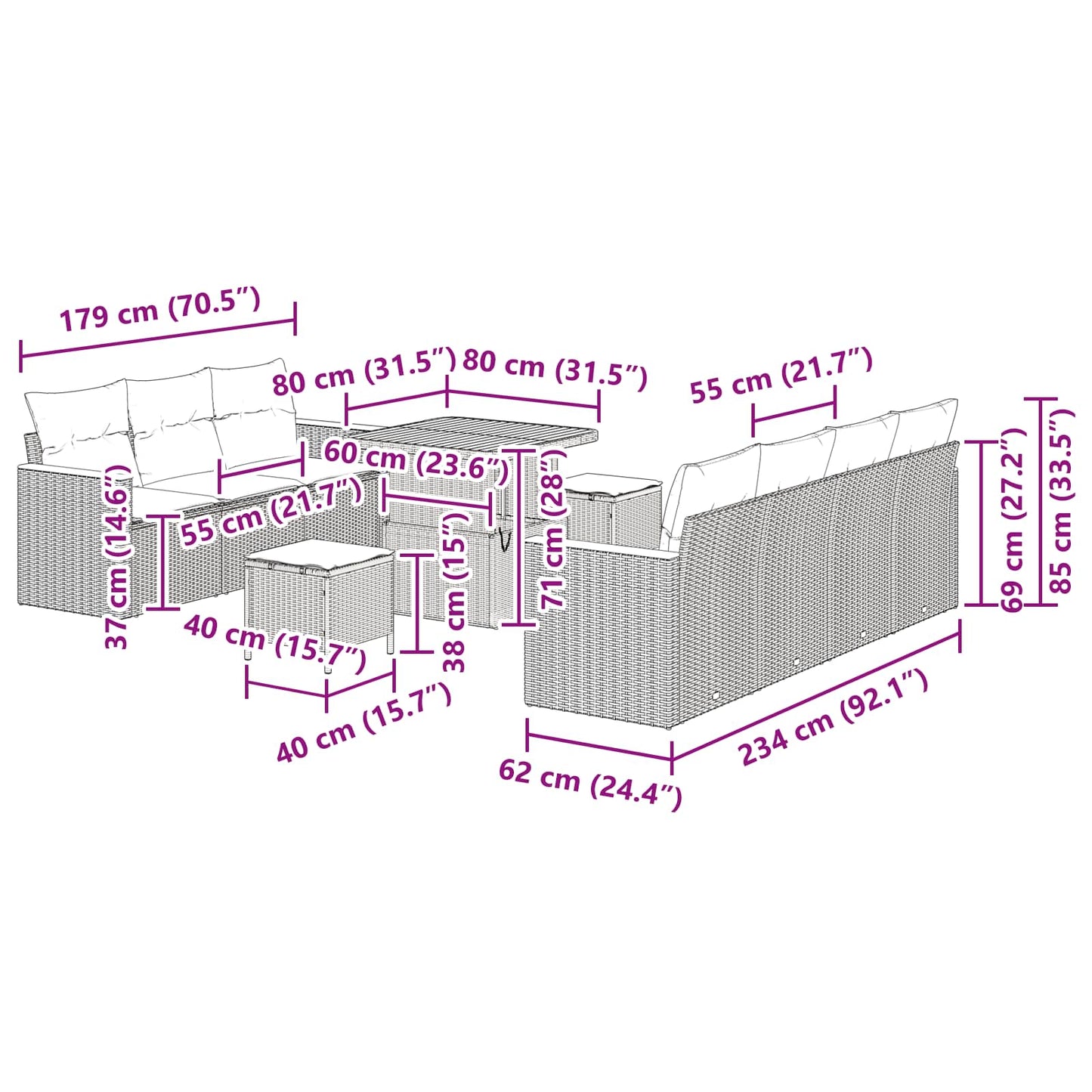 Set Divano da Giardino con cuscino 14 pcs Nero polyrattan