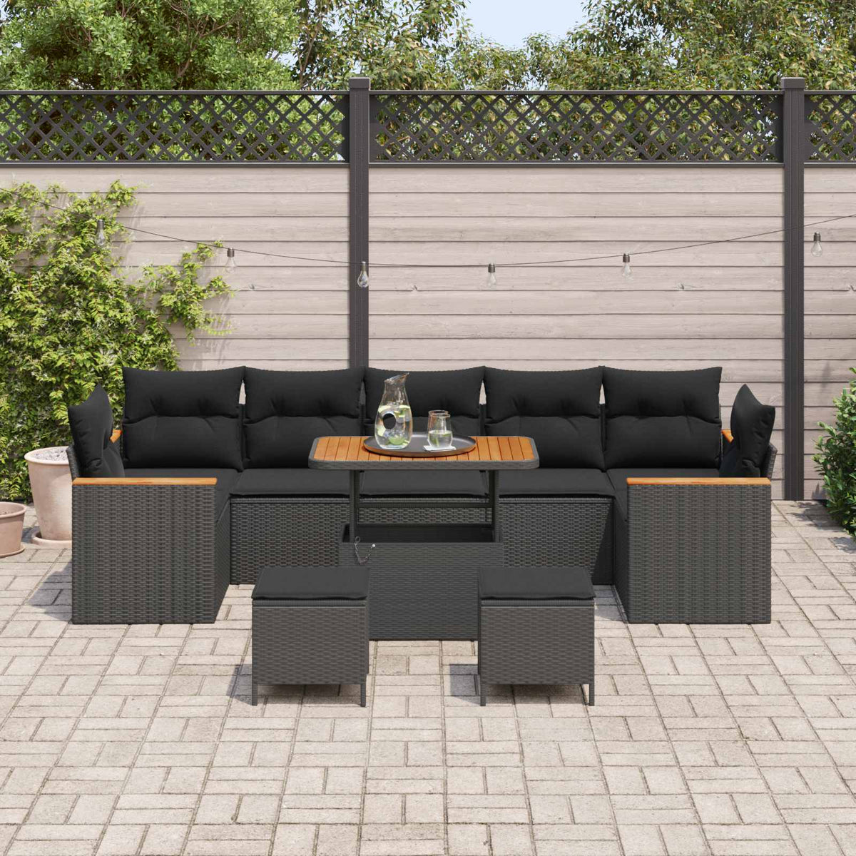 Set Divano da Giardino 10 pz 7-Numero di posti Nero Poly Rattan - homemem39