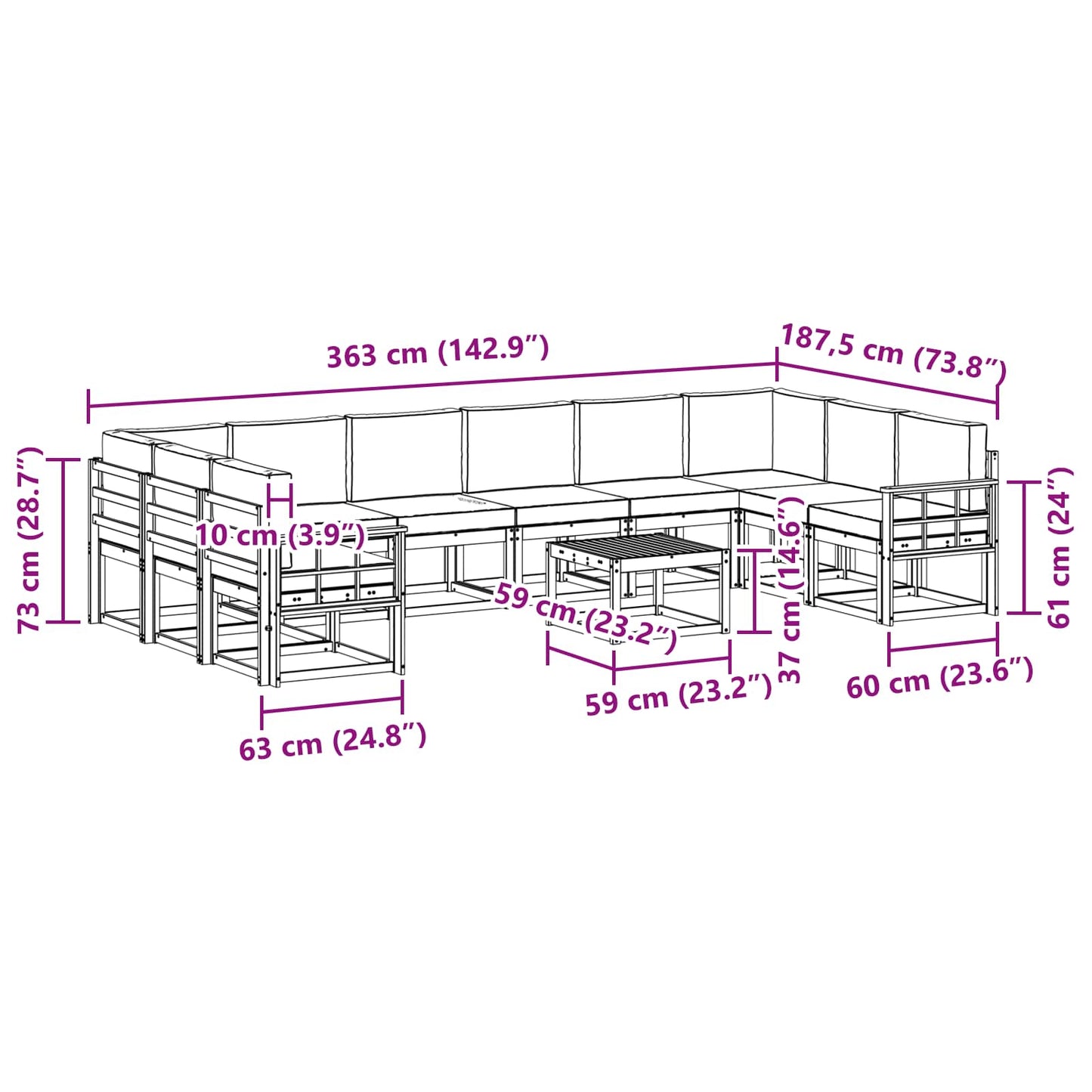 Set di divani da esterno 11 pcs Grigio Naturale e Chiaro