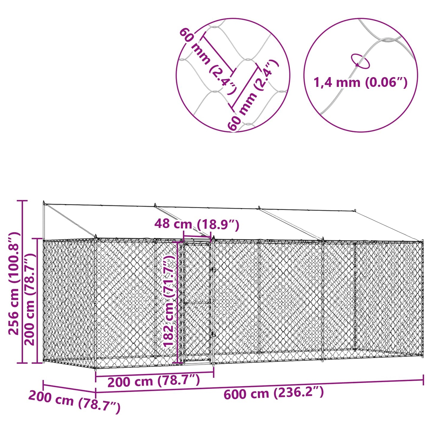 Gabbia per Cani con Tetto Argento 600 x 200 x 256 cm | homemem39