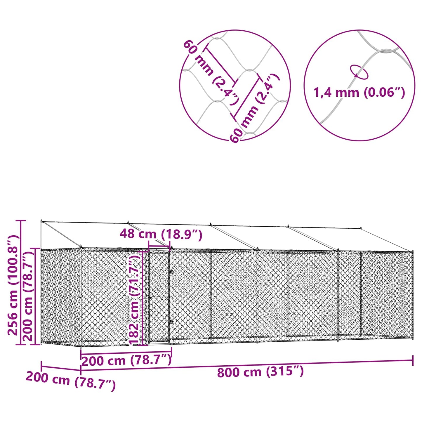Gabbia per Cani con Tetto Argento 800 x 200 x 256 cm | homemem39