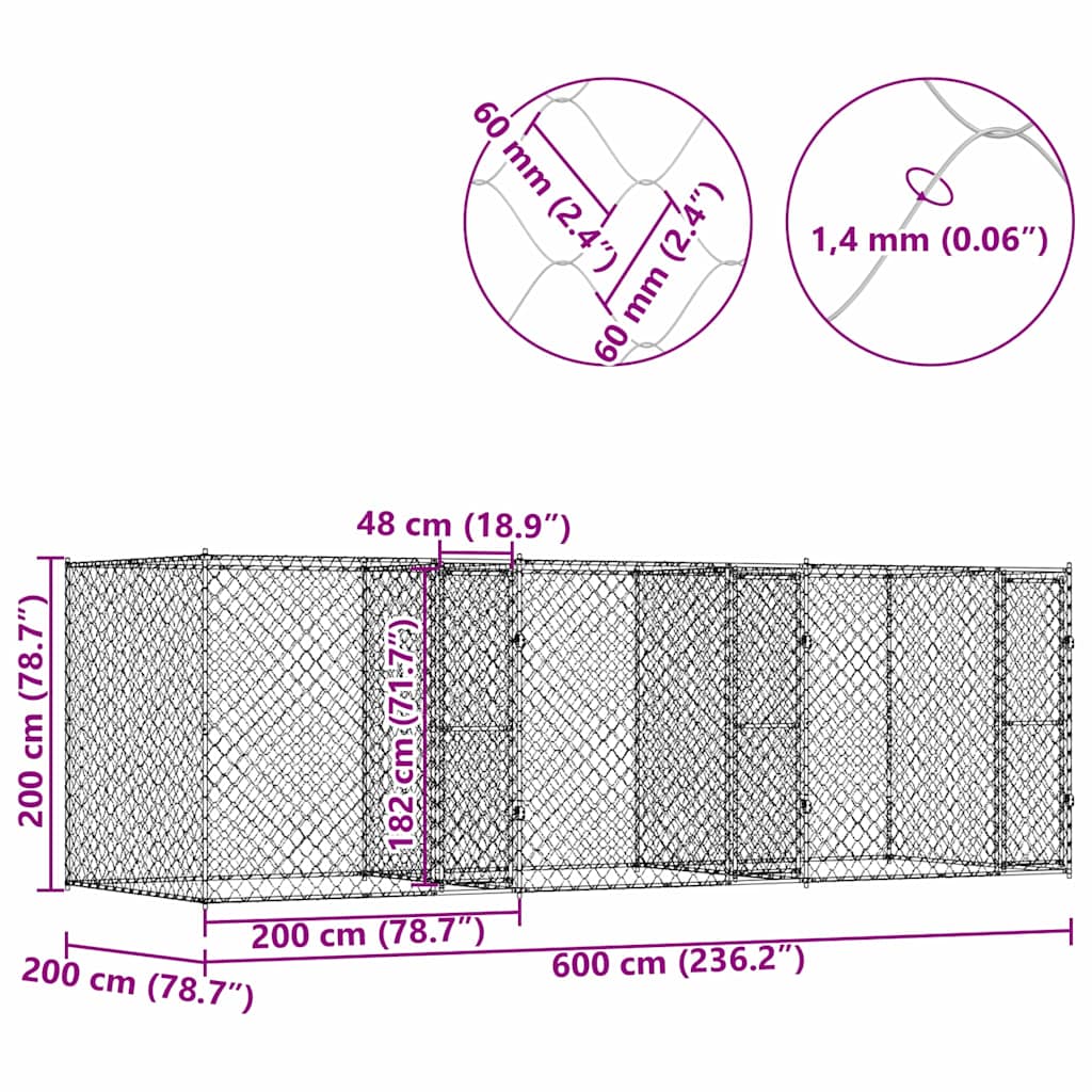 Gabbia per cani Argento 600 x 200 x 200 cm Acciaio zincato | homemem39