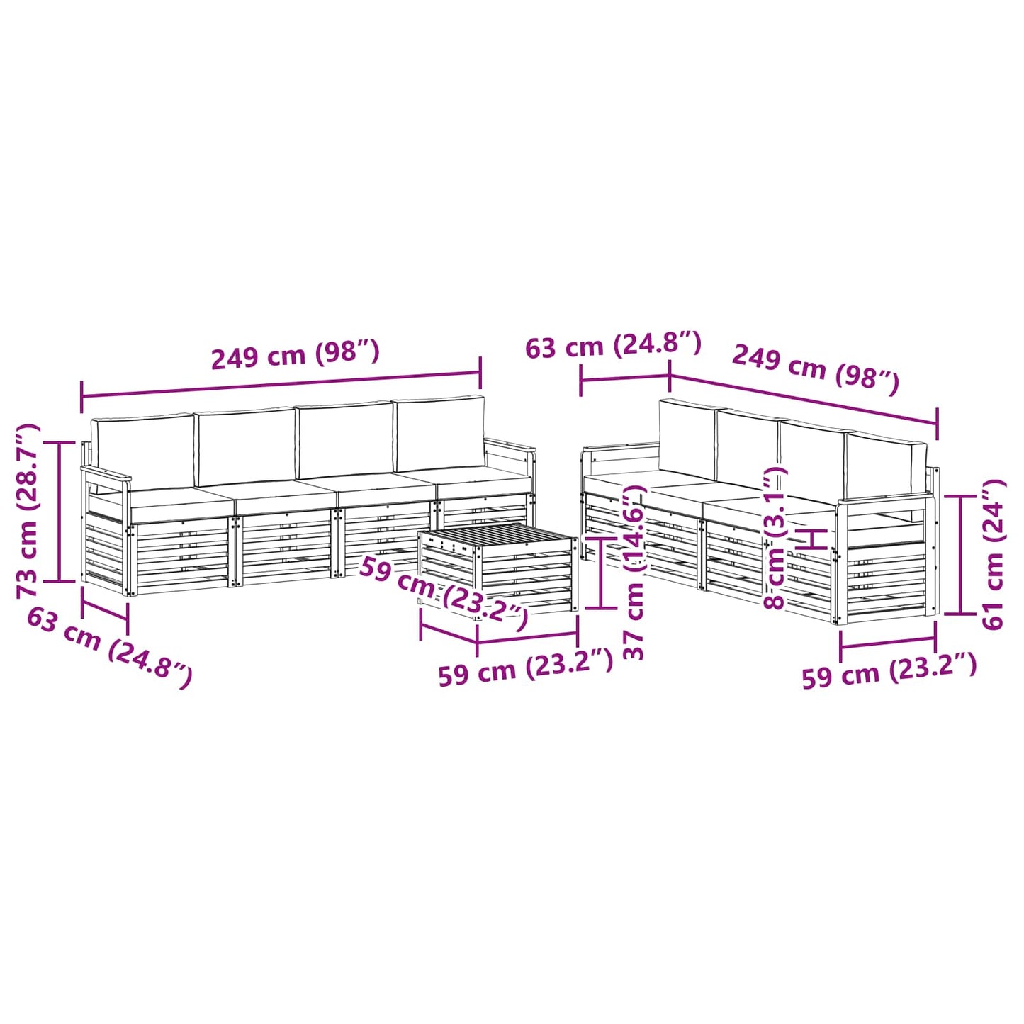 Set divani 9 pcs Naturale e Antracite Legno di Acacia Massello | homemem39