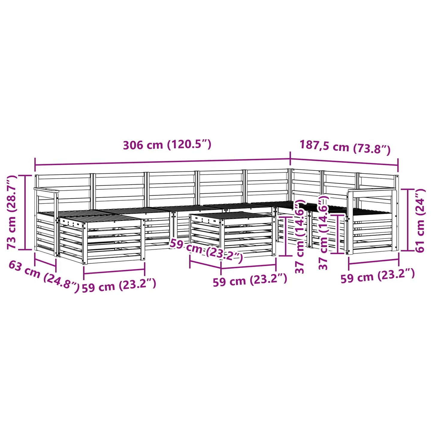 Set di divani da esterno 9 pcs Naturale
